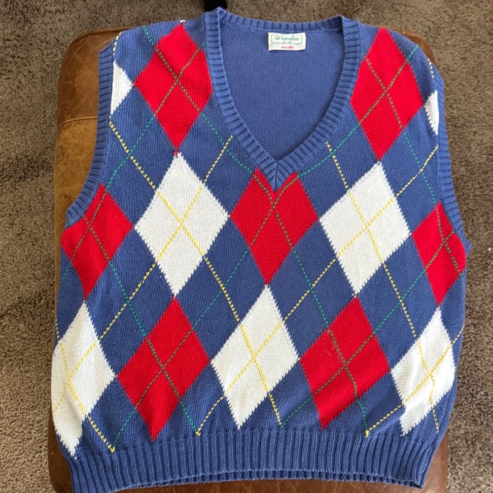 Vinaigrette 80’s United Colors Of Benetton Argyle V-Neck Sweater Vest - Picture 14 of 14